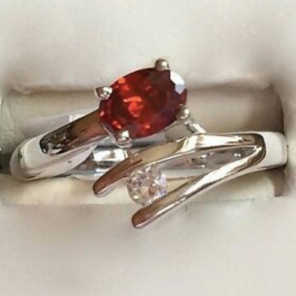 Silver Ruby Garnet Cocktail Ring Red Cubic Zirconia Wrap Size 10 Rhodium Plated - Picture 3 of 8